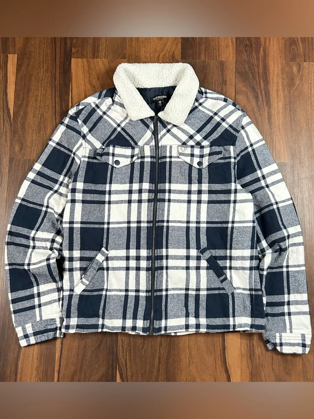 Y2K True Religion Navy & White Plaid Sherpa Collar Jacket